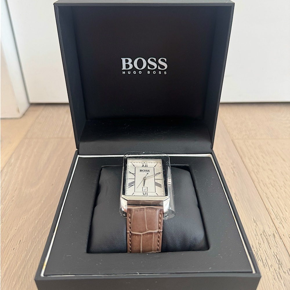 Hugo Boss Classico Silver Rectangle Dial Brown Leather Men’s Watch 1512967